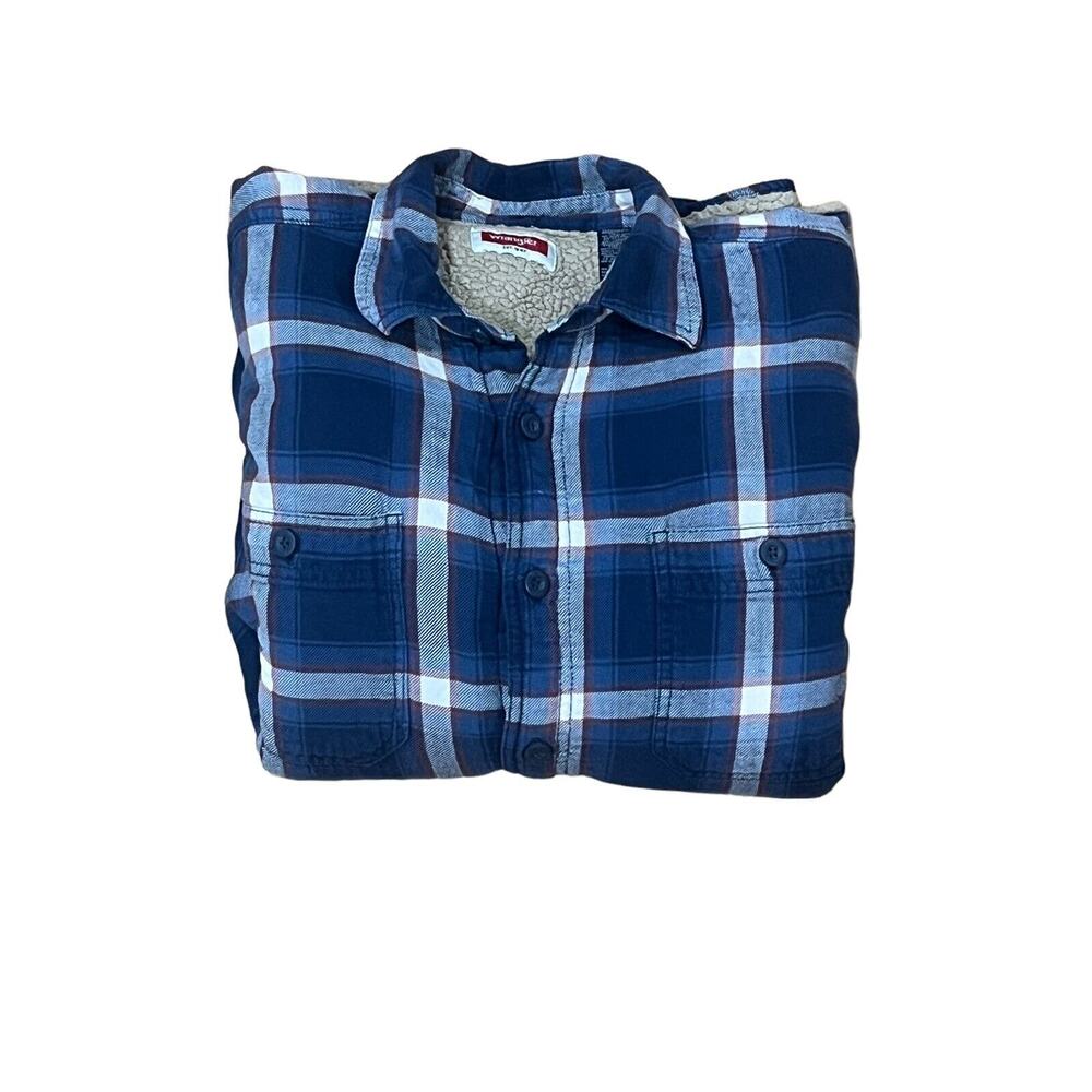 Wrangler Mens Blue Plaid Sherpa Lined Flannel Shirt Jacket XL Heavy Shacket - Picture 7 of 11